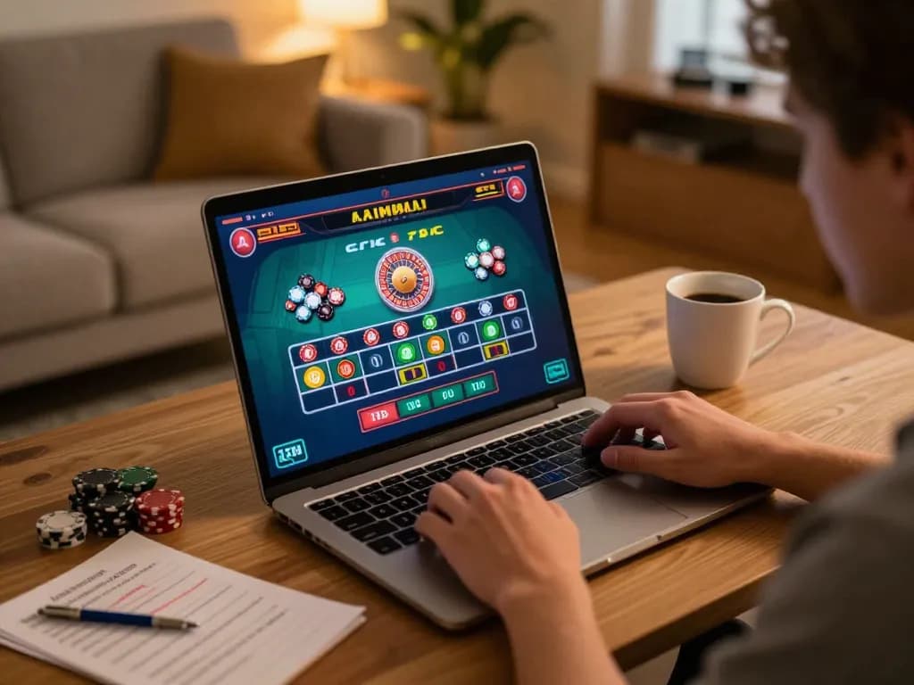 Player engaging with FB88's online roulette game, highlighting strategic betting options in a cozy home setup.