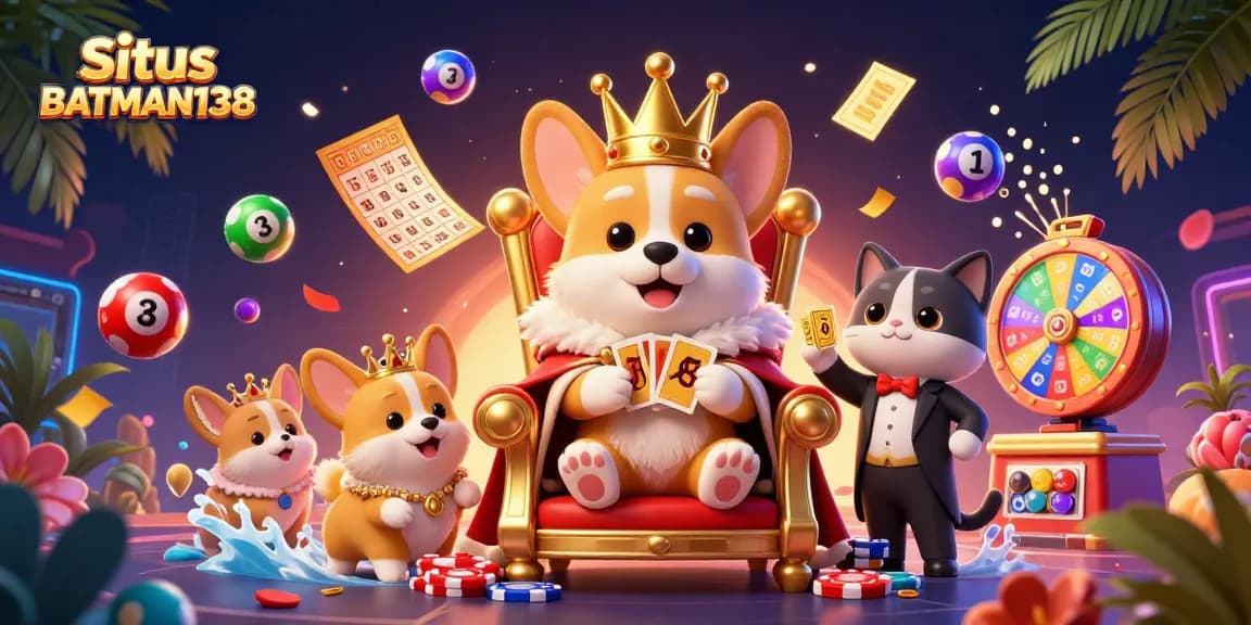 Permainan seru di Situs BATMAN138 dengan ilustrasi slot online berwarna-warni dan corgi raja.