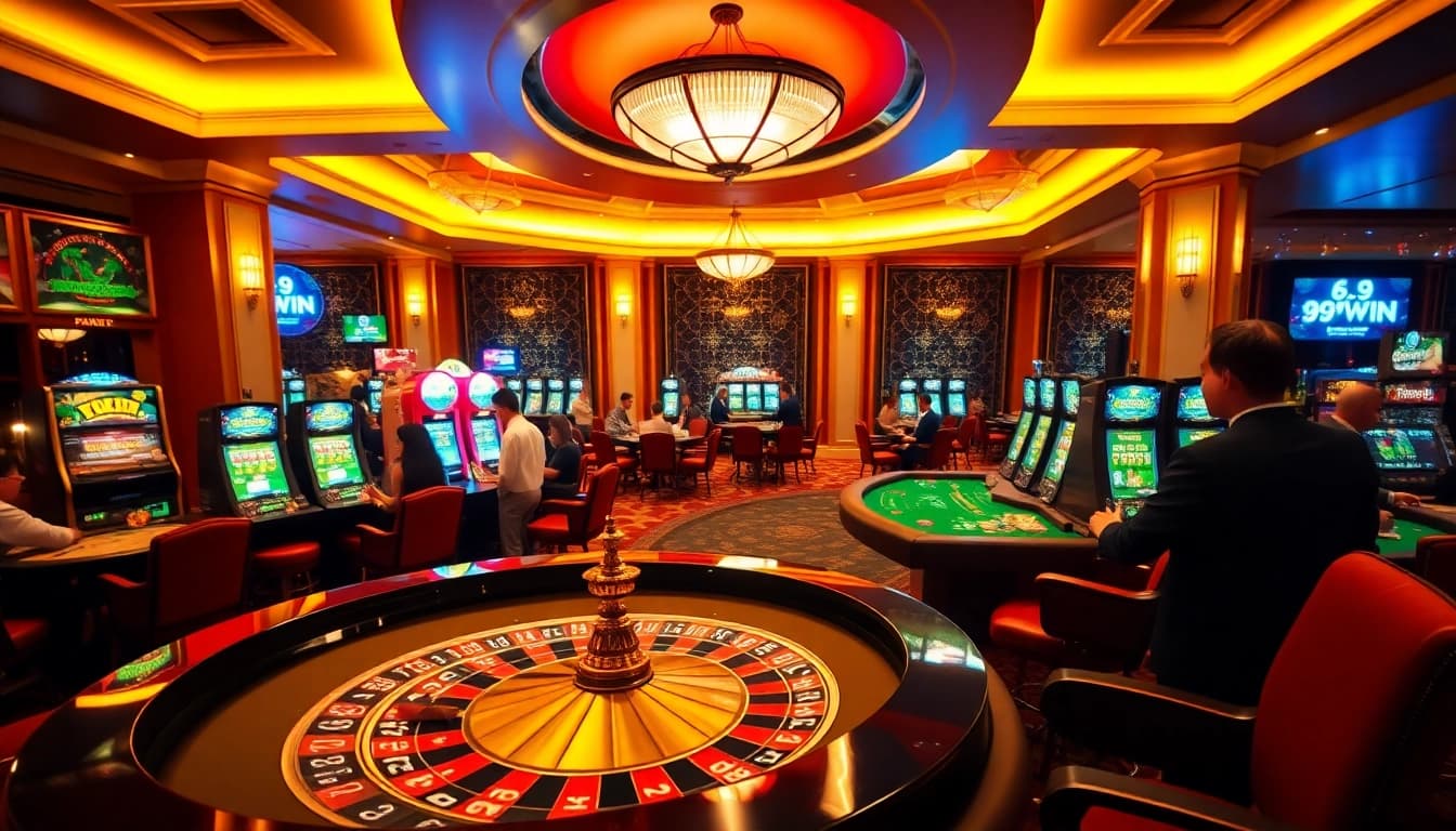 Excited gamblers enjoying games at 99win's luxurious casino environment.