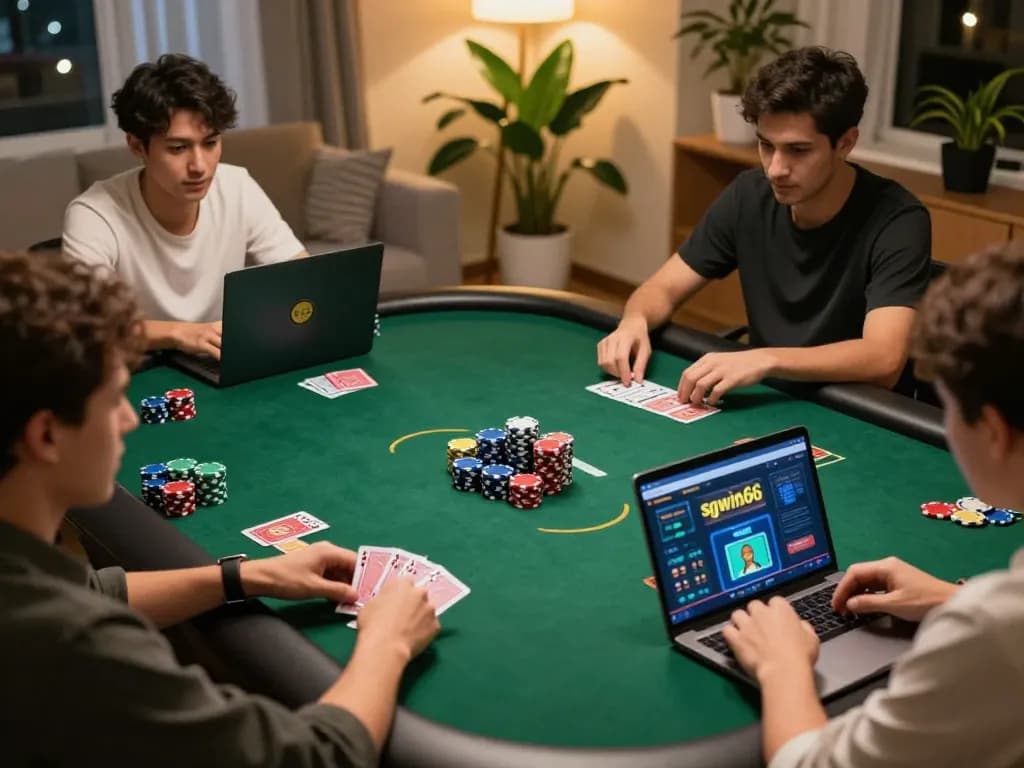 Players enjoying sgwin66 online casino games on laptops in a cozy home setting.