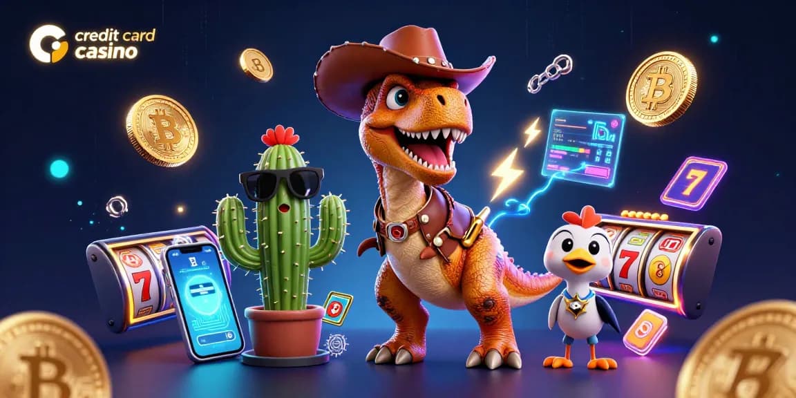 Experience the excitement of a credit card casino with T-Rex, cactus, and roadrunner characters surrounded by gambling elements.