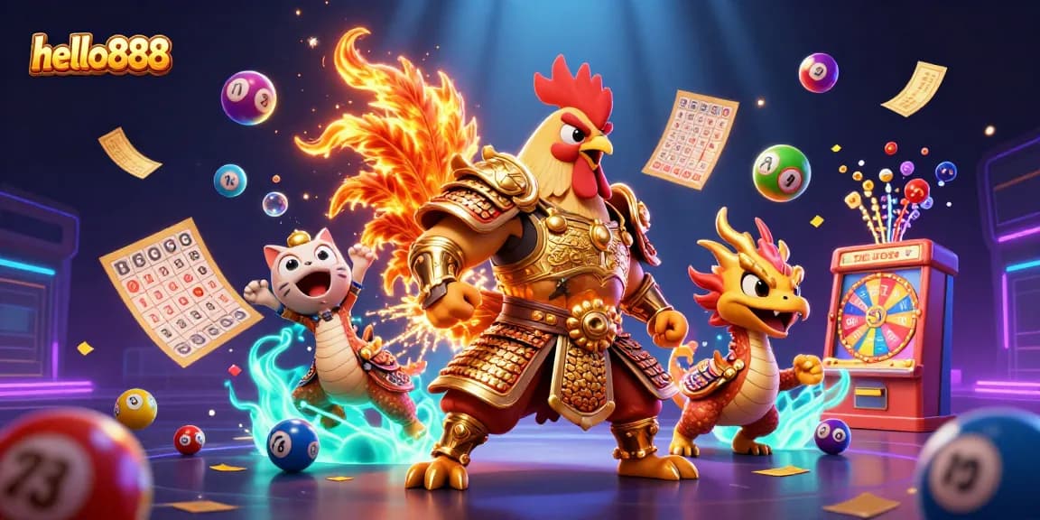 Engage with the thrilling atmosphere of hello888, featuring a powerful rooster warrior and dynamic game elements.