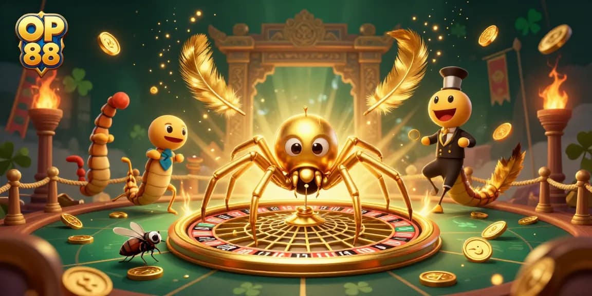 Engage with OP 88's 3D casino scene featuring a golden spider roulette wheel and centipede croupier.