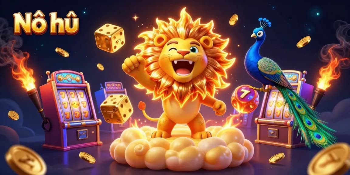 Nổ hũ slot game scene featuring a roaring lion, golden dice, and vibrant 3D slot machines.