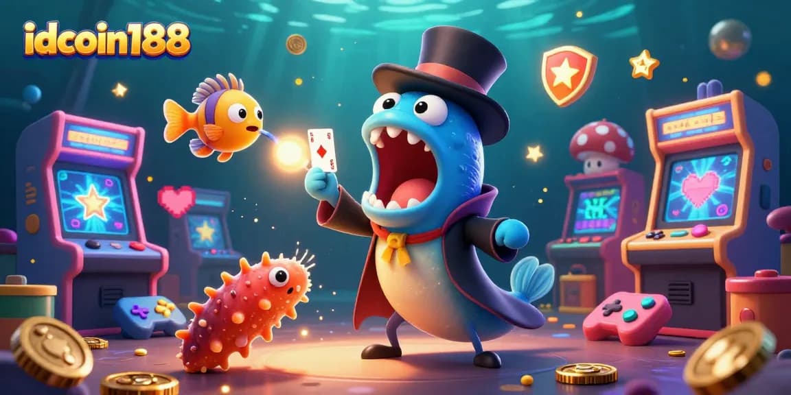 Experience thrilling idcoin188 action with a cheerful bioluminescent gulper eel and friends in an underwater casino.
