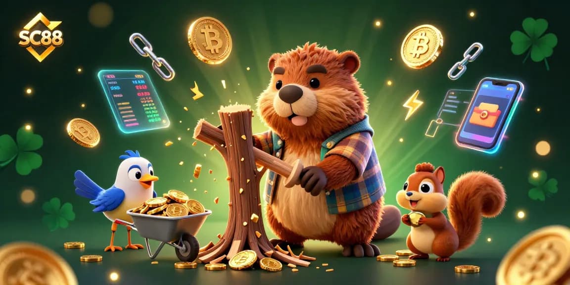 Savor thrilling wins with SC88's vibrant casino-themed 3D illustration showcasing playful characters collecting coins.