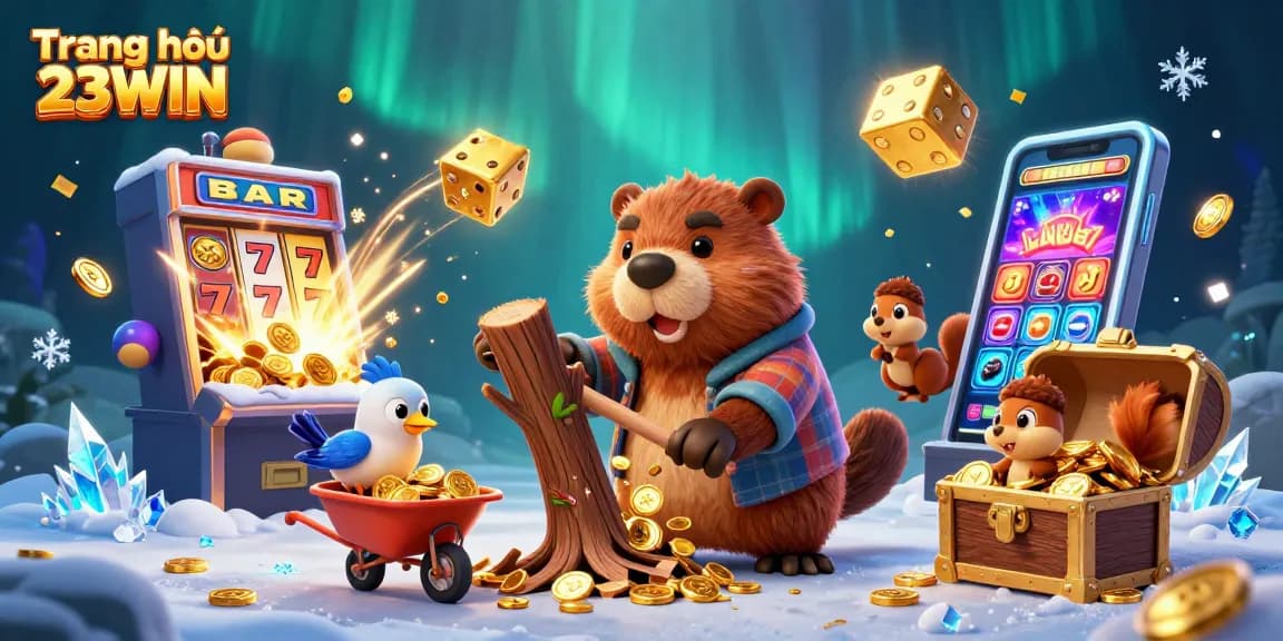 Experience luck and success at Trang chủ 23WIN with vibrant casino-themed illustration of beaver and companions collecting golden coins.