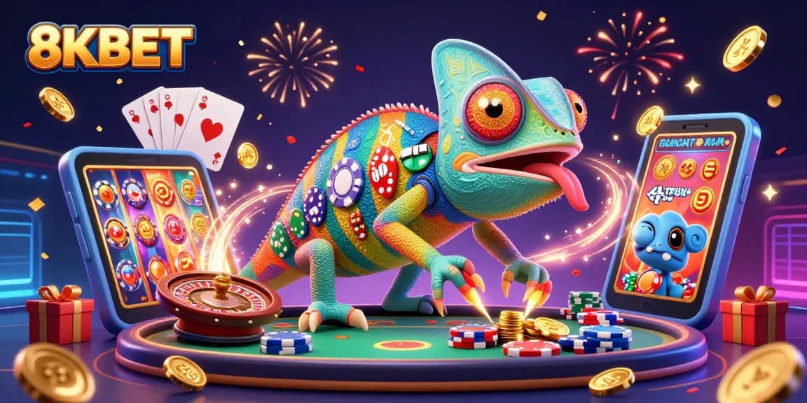 Experience the dynamic 8KBET casino scene with chameleon owner and vibrant gaming elements.