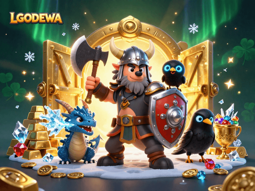 Engage with LGODEWA's thrilling gaming experience through a dynamic 3D Viking scene packed with treasure and adventure.