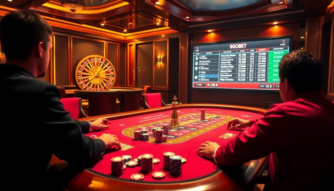 Dynamic sbobet link alternatif betting experience with vibrant poker chips and a roulette wheel in a luxurious casino.