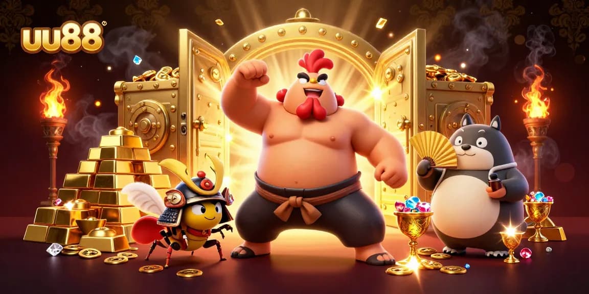 uu88 showcases an engaging casino scene where a powerful sumo wrestler rooster stomps amidst golden treasures and gaming excitement.
