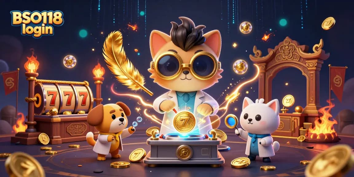 Play and win at BSO118 login with a mad scientist and dog in a coin-filled casino scene.