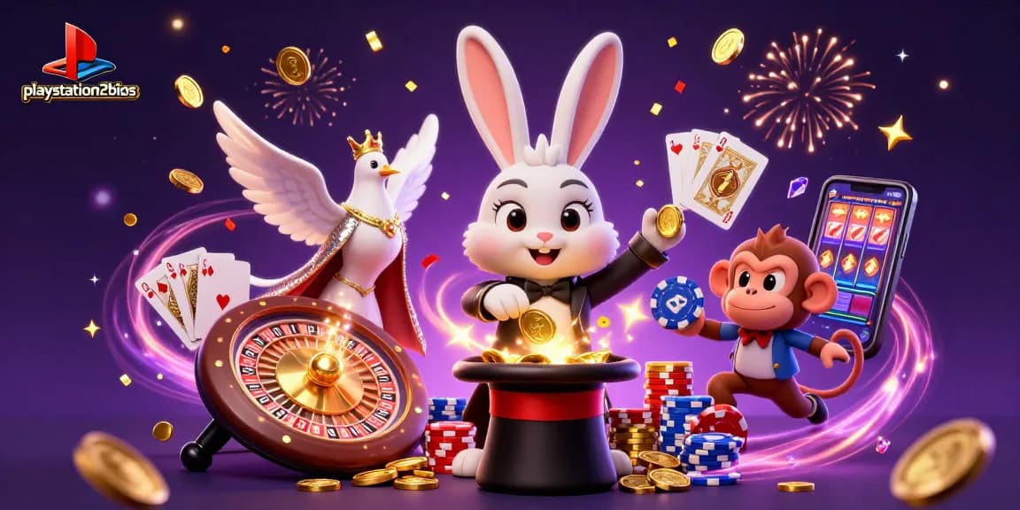 Experience playful magic with the playstation2bios characters surrounded by sparkling casino treasures.