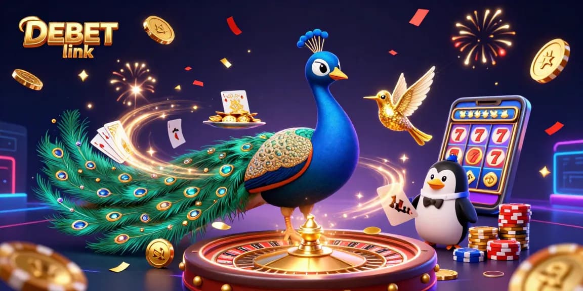 Win big at DEBET link with a vibrant casino scene featuring a peacock, penguin, and hummingbird.