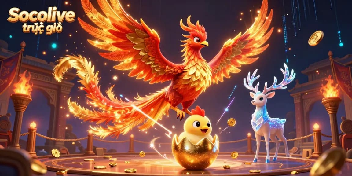 Socolive trực tiếp offers a thrilling visual of a phoenix soaring over a live betting arena, showcasing dynamic energy and gambling excitement.