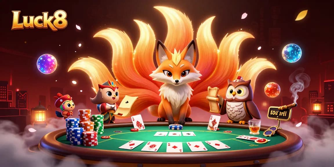 Experience Luck8 at a vibrant poker scene with mystical characters and energetic casino elements.