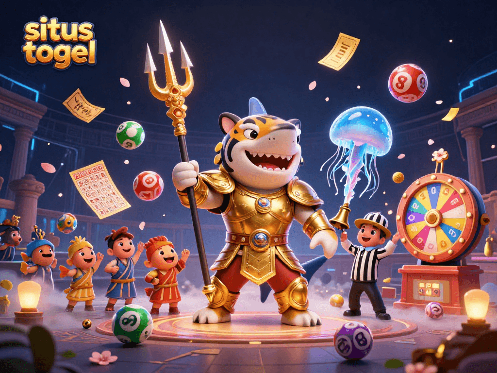 Experience the thrill of situs togel with dazzling lottery elements and a mighty tiger shark in a vibrant underwater scene.