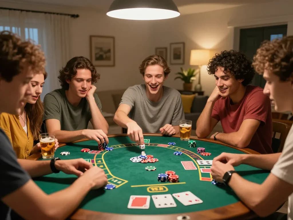 Friends enjoying a lively game tài xỉu at home, showcasing chips and excitement in a friendly setting.