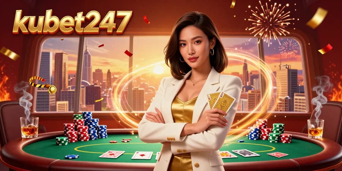 Kubet247 showcases an elegant Asian woman holding a golden deck of cards amidst a vibrant casino scene.