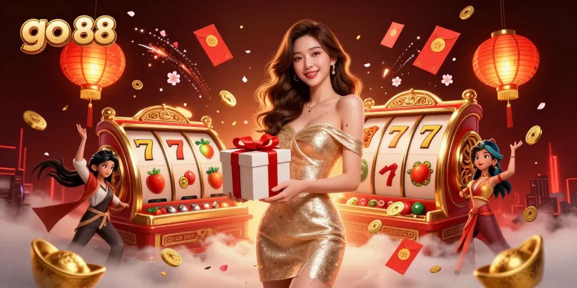 Engage in thrilling gameplay with go 88 as a stunning woman presents a gift box filled with gold coins amidst a vibrant casino backdrop.