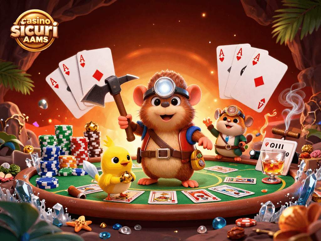 Giocando nei casino sicuri non AAMS con un topo cacciatore del tesoro e un canarino tra ricchezze luccicanti.