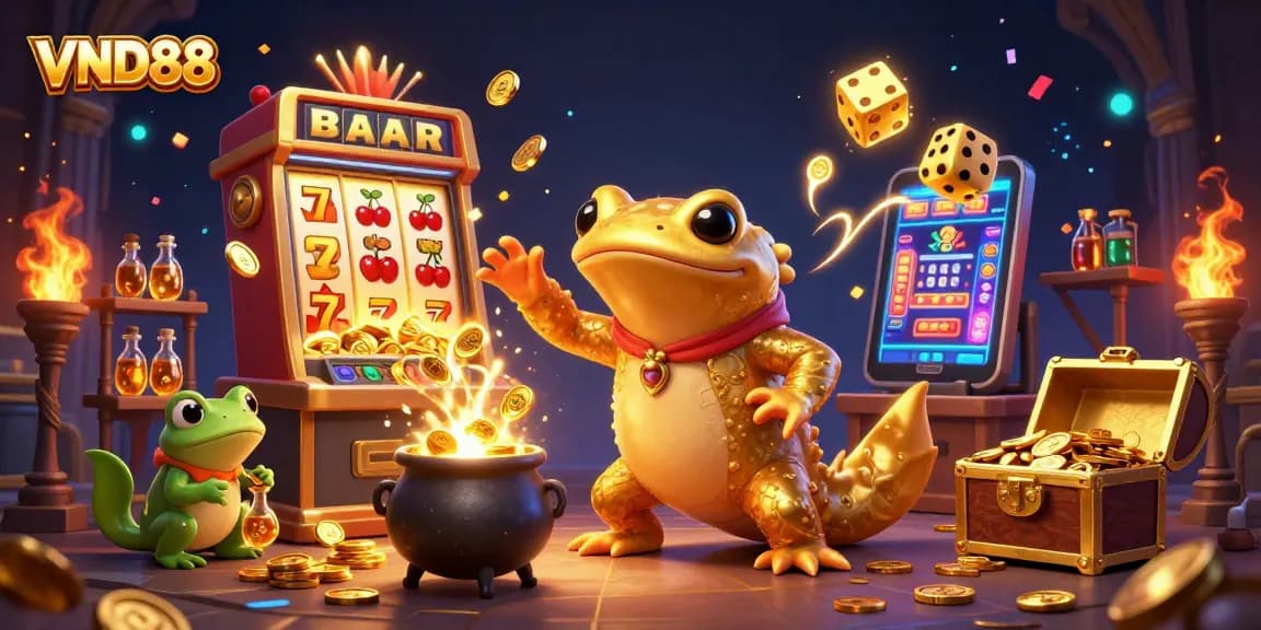 VND88 ignites excitement with a vibrant slot machine, golden figures, and casino symbols in an enchanting scene.