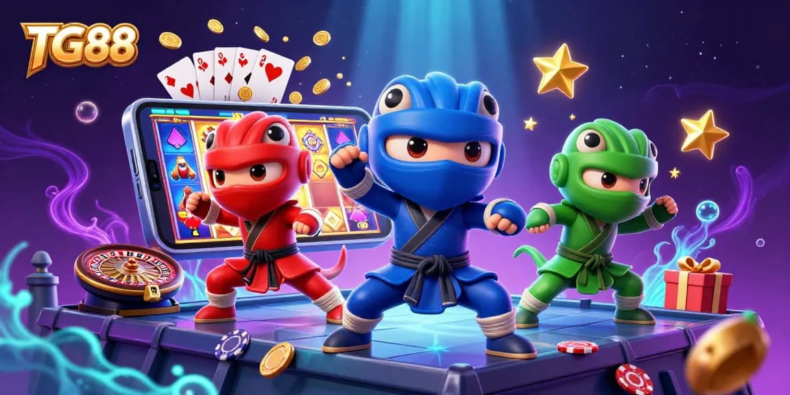 TG88 features a dynamic scene with ninja chameleons engaging in casino action, showcasing vibrant gaming elements.