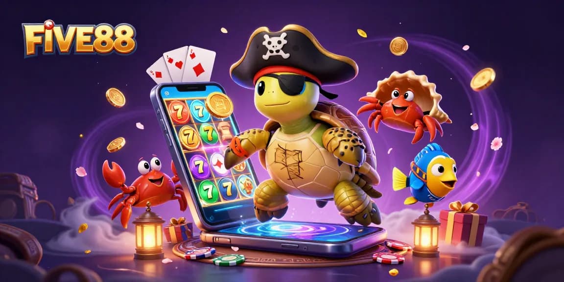 Engage in thrilling gameplay with FIVE88, featuring a pirate turtle and vibrant casino elements.