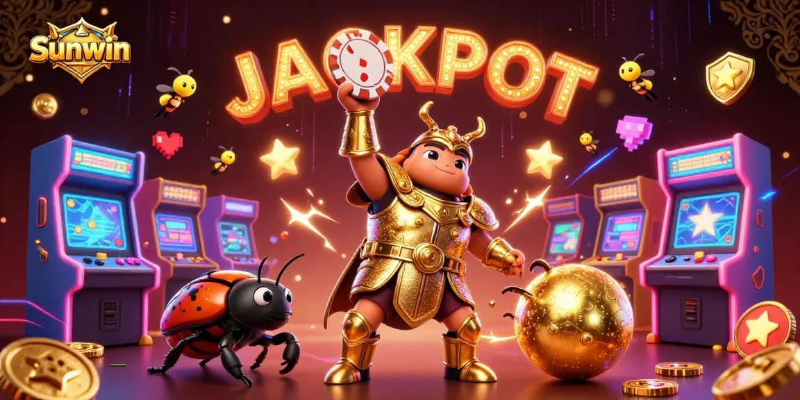 Experience the excitement of Sunwin's casino gaming with a vibrant 3D beetle illustration celebrating a jackpot.