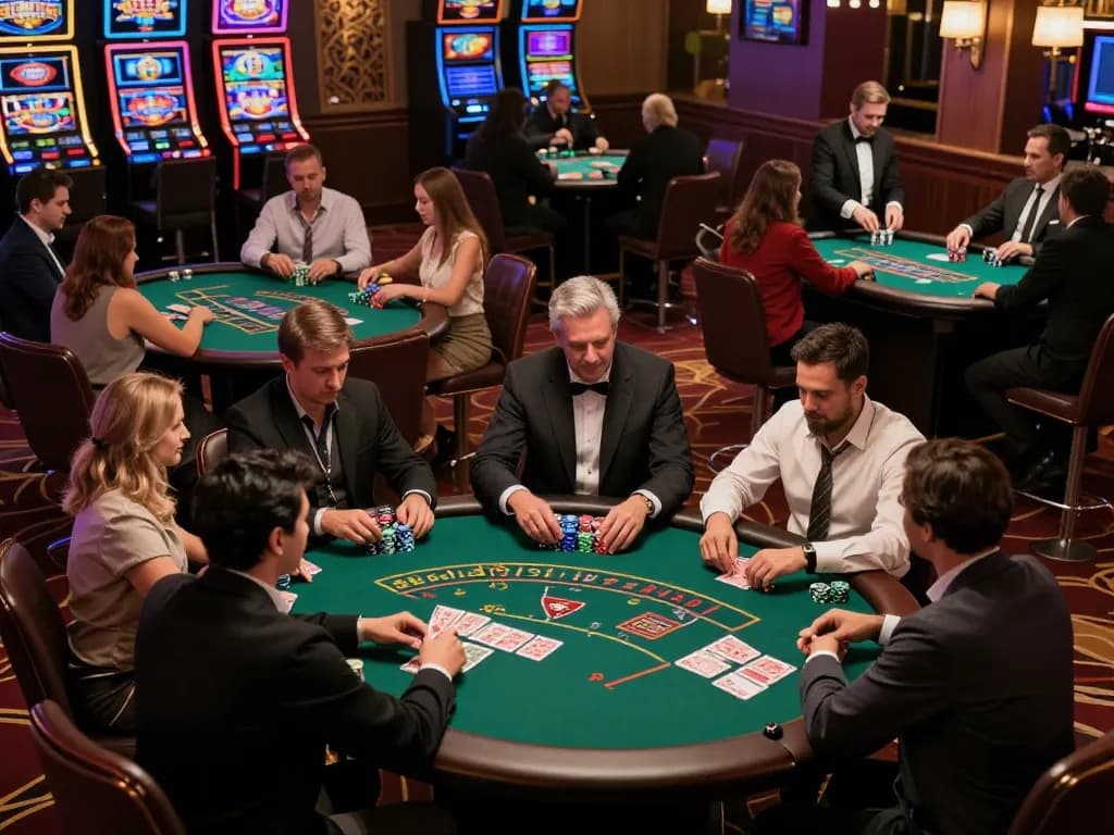 gem88 players enjoying dynamic gameplay amongst lively casino tables filled with chips and cards