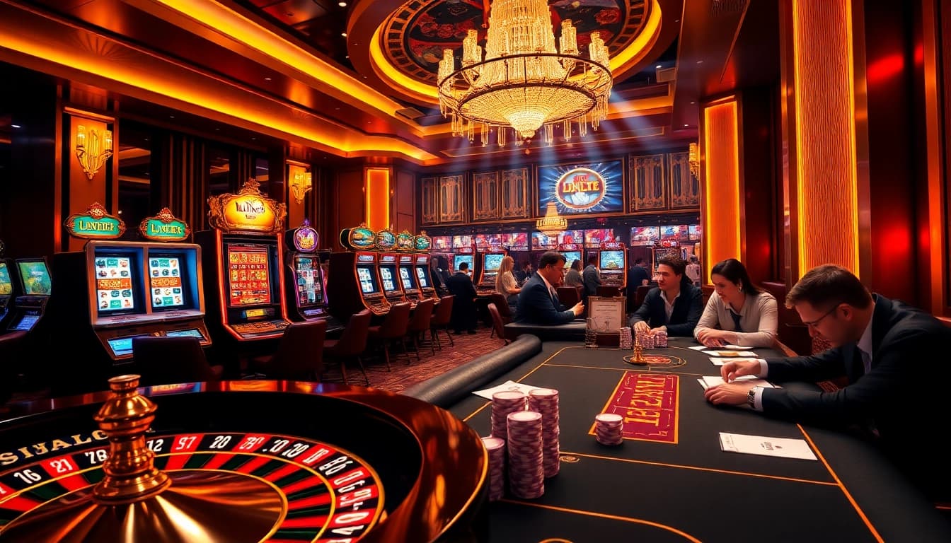 Experience the thrill of LUCK8 at an upscale casino with lively games, vibrant slot machines, and excited gamblers.