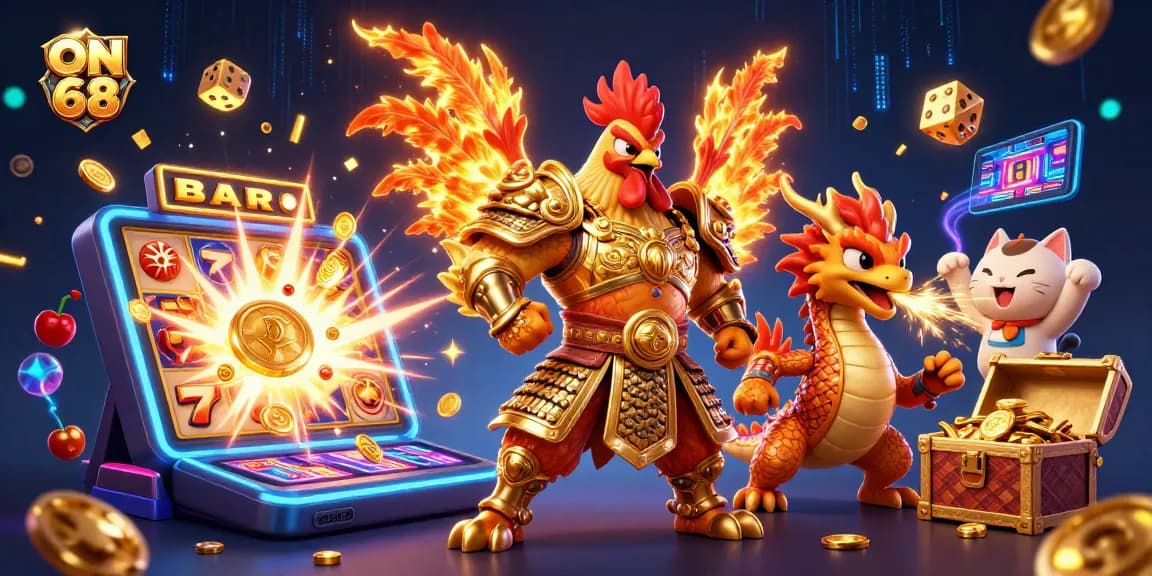 Win big with ON 68 in an explosive casino adventure featuring vibrant characters and elements.