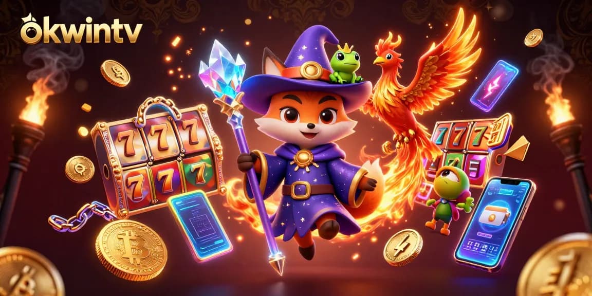 Engaging scene of okwintv's mystical elements with a wizard fox, phoenix, and vibrant slot game icons.