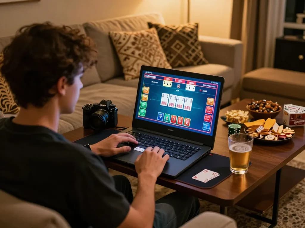 Duitgini player engaging in live blackjack on laptop during a cozy home gaming session