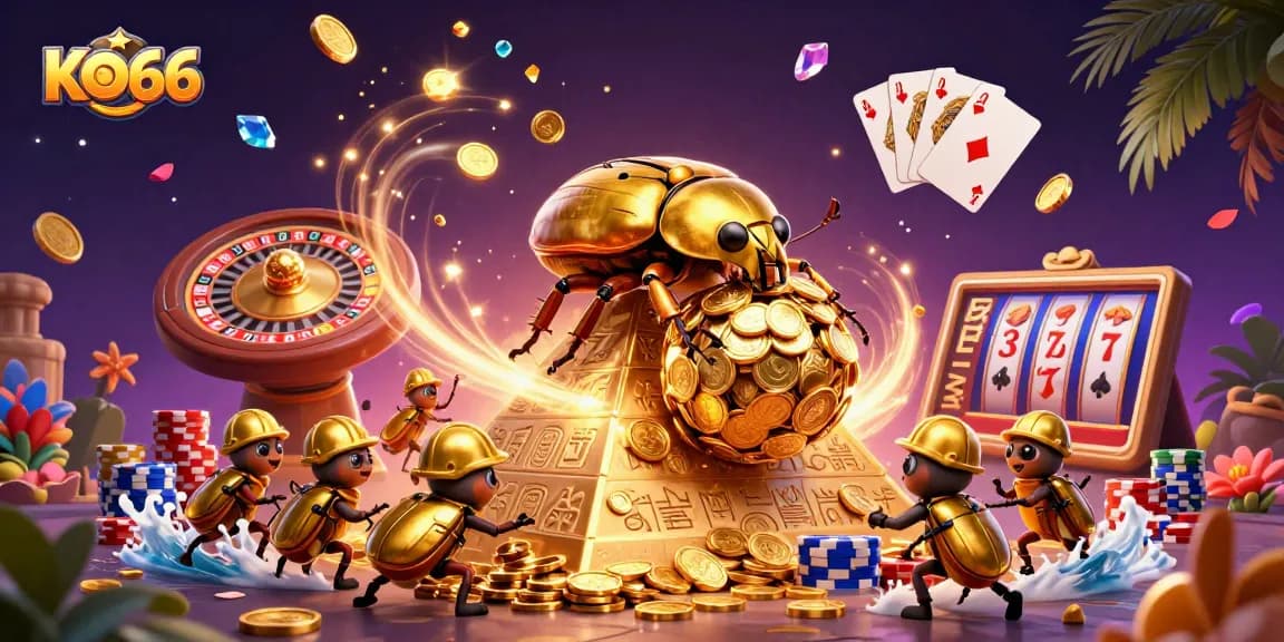 Engage with KO66 casino fun featuring a golden beetle rolling coins and spinning roulette.
