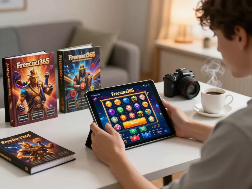 Playing Freecuci365 on a tablet showcasing slot game excitement in a cozy home setting.