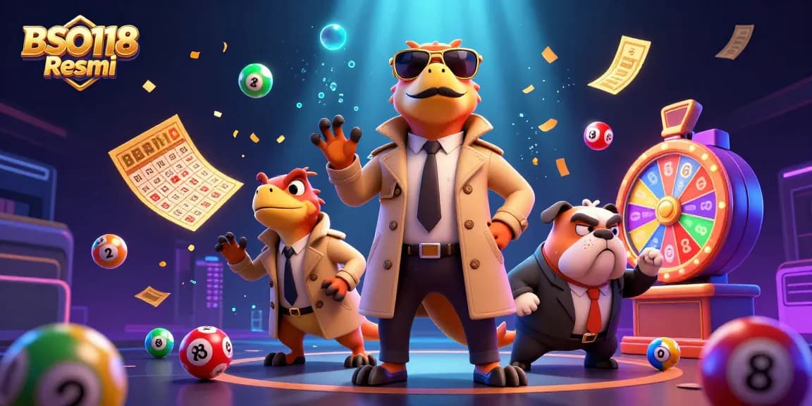 Experience the thrill of winning with BSO118 Resmi in an entertaining 3D casino scene filled with vibrant game elements.