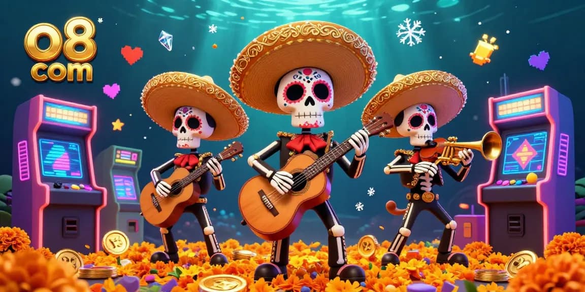 Engage with exciting games at o8 com featuring a colorful 3D mariachi band in a vibrant casino scene.