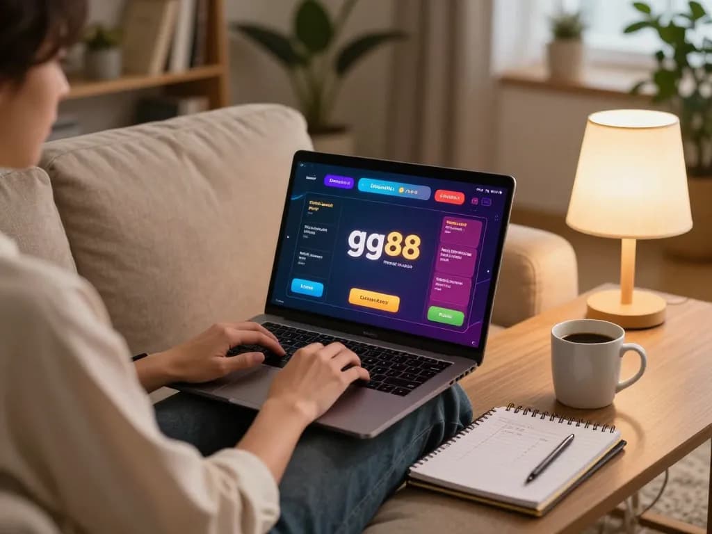 Player enjoying online casino gaming at home with gg88 on laptop, showcasing engaging environment.