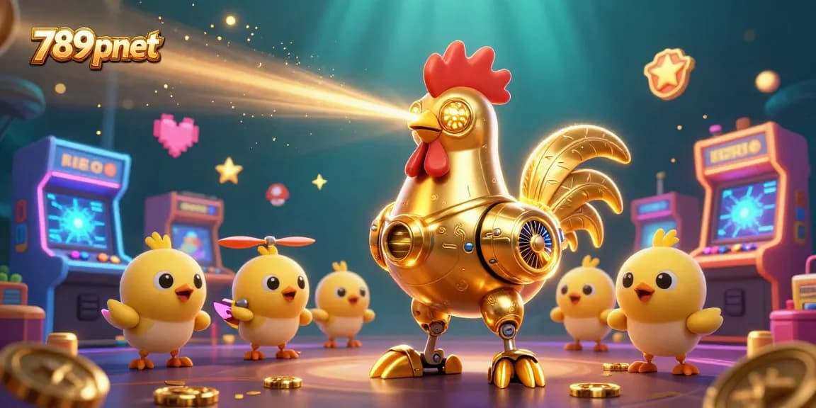 Experience thrilling gaming action with 789pnet's dynamic casino illustration featuring a golden robotic rooster.