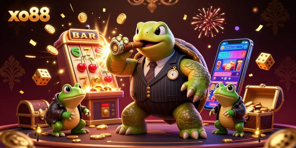 Experience excitement at xo88 with a whimsical 3D illustration of a turtle mobster and casino elements.