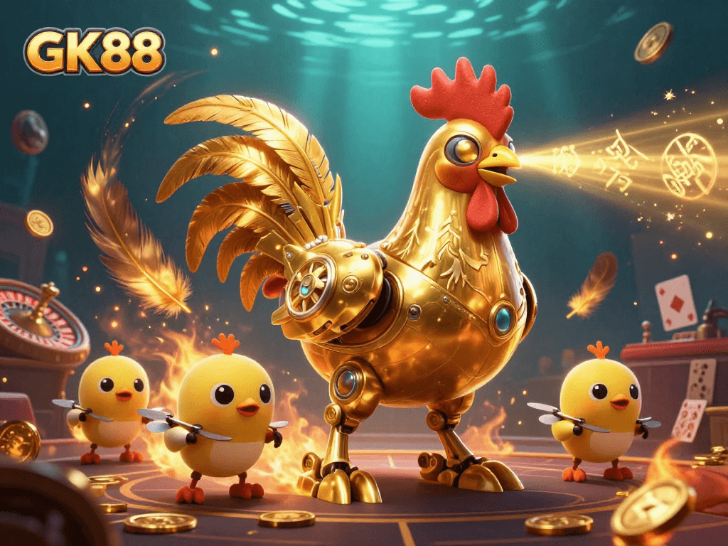 Experience thrilling gameplay at GK88 with a futuristic golden rooster and baby chicks in a vibrant casino.