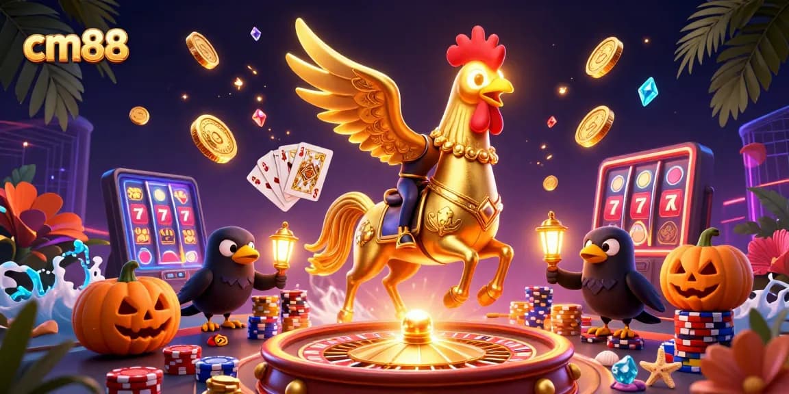 Experience cm88's immersive casino atmosphere with golden rooster and crow companions amidst rich gaming elements.