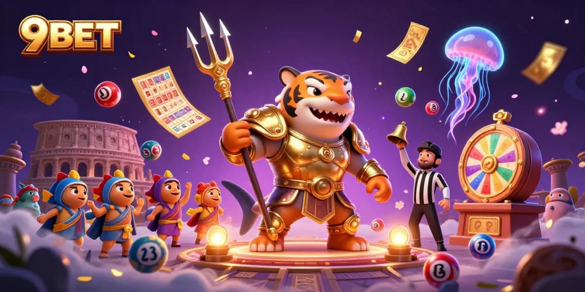 Experience the thrill of 9BET with a vibrant underwater casino scene featuring a gladiator shark, lottery balls, and more.