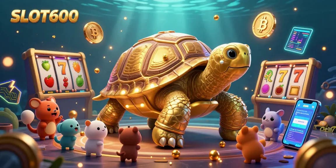 Engage with SLOT6000 in this vibrant 3D scene featuring a tortoise pinball machine surrounded by dazzling slot symbols.