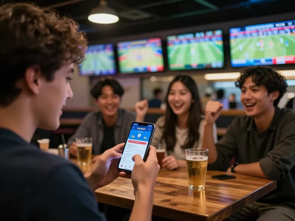 Engaged bettor using CAKHIATV app on smartphone in a vibrant sports bar during live game.