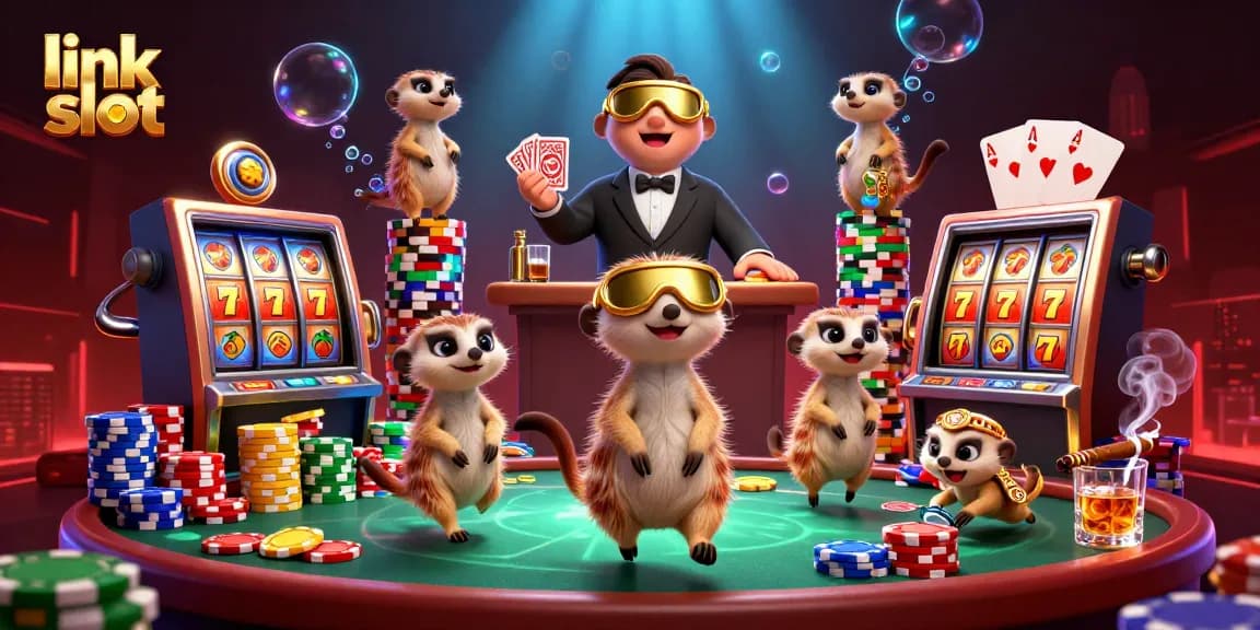 Engage with link slot as meerkats operate a vibrant casino filled with slot reels and poker elements.