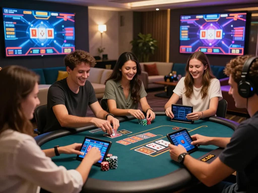 789club players enjoying games at a stylish online gaming table filled with cards and chips.