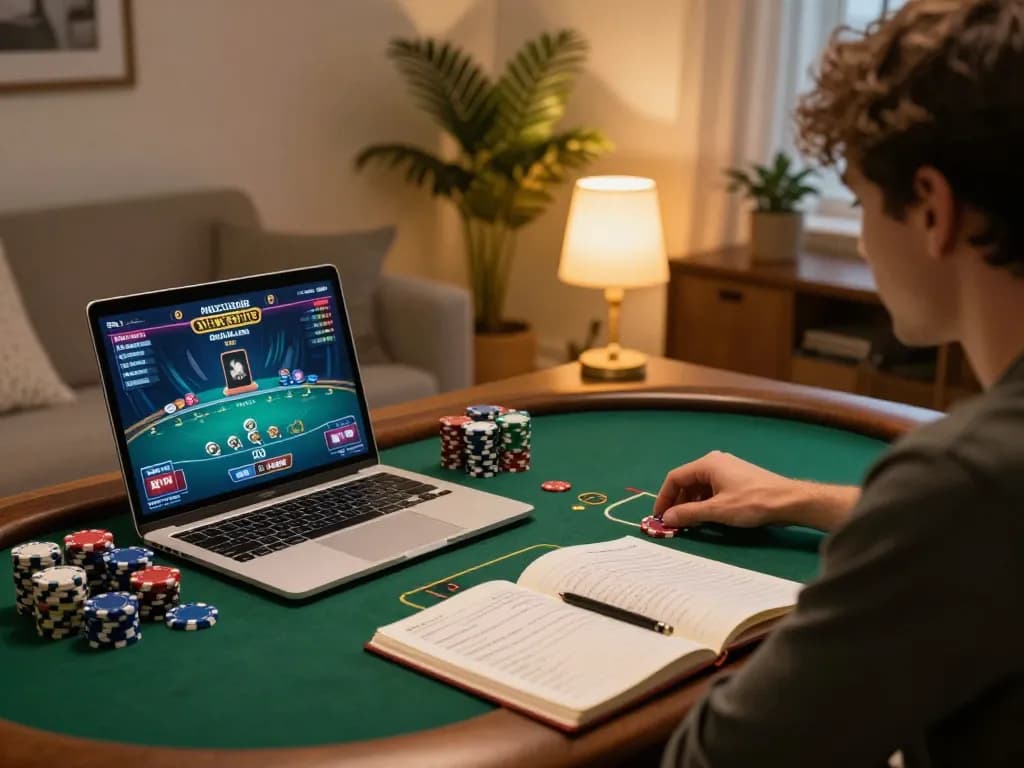 Player enjoying a thrilling 789club poker game on a laptop in a cozy home setting.