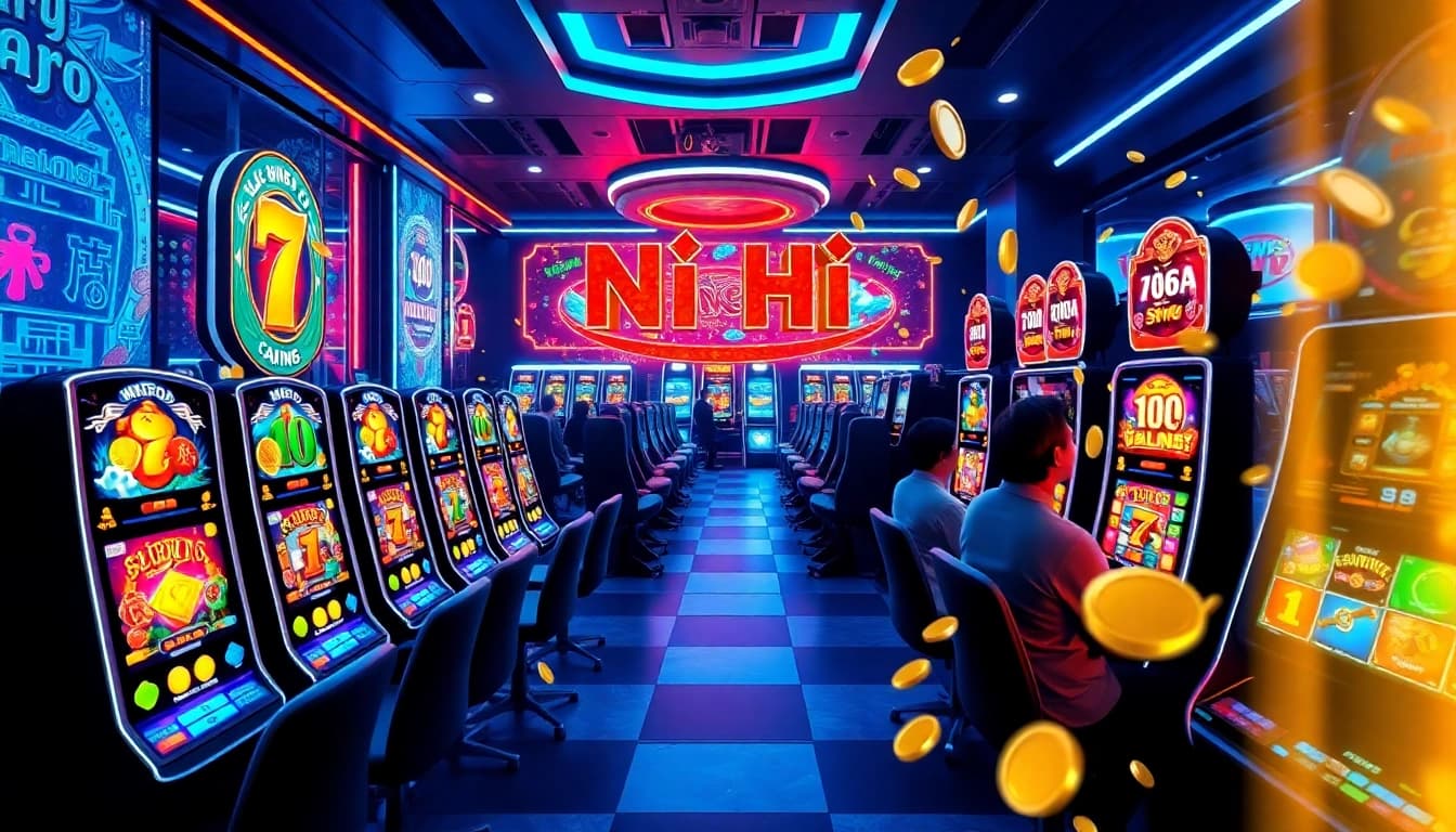 Nổ Hũ online casino experience with dynamic slot machines and vibrant lighting.